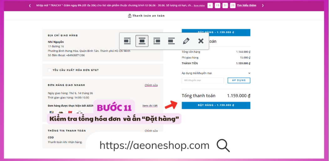 Kiểm tra hóa đơn và nhấn “Đặt hàng” hoàn tất quá trình mua sắm trên AEONESHOP
